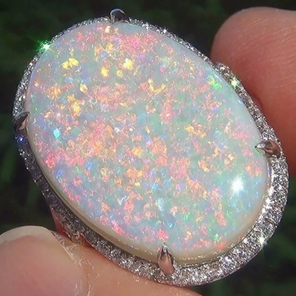 NEW Sterling Silver Huge Opal Diamond Ring - Picture 6 of 7